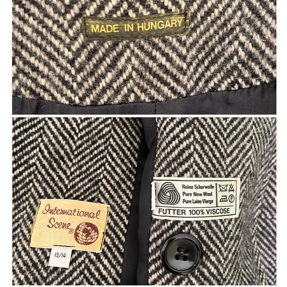 Herringbone Wool Coat Womens‎ 13/14 Gray Black Double Breasted Vintage - Picture 6 of 8